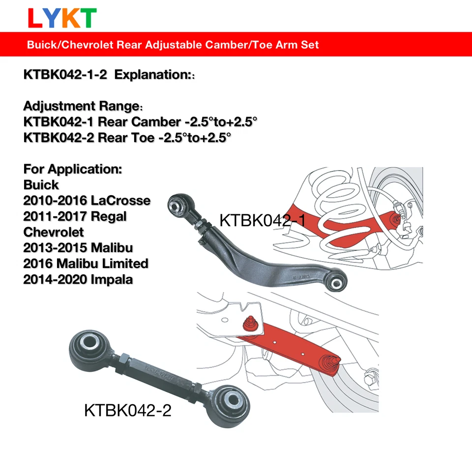 LYKT 4pcs Rear Adjustable Camber&Toe arm Kit for Buick LaCrosse Chevrolet Malibu Foto 2 de 4