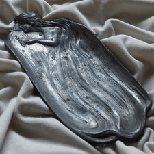 Antique Bronze Silver Art Nouveau Mucha Smoke Cigarette Lady Jewelry Tray Hair