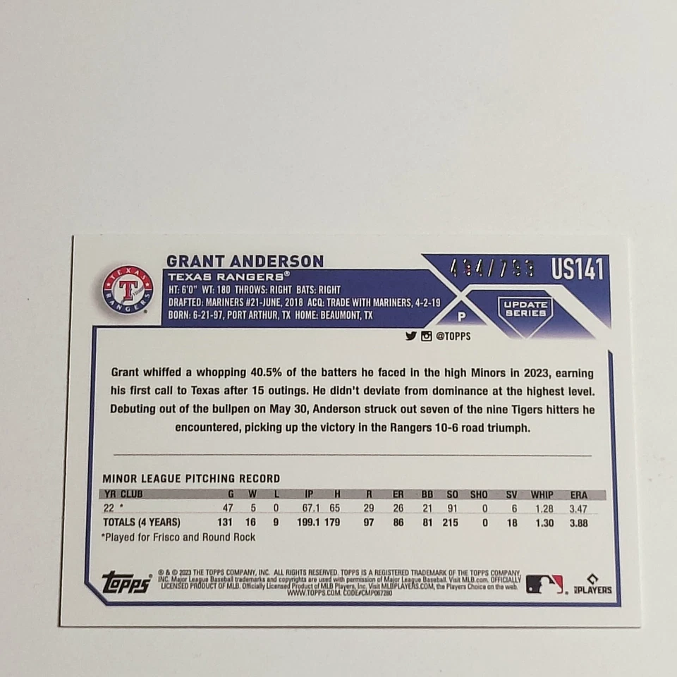 2023 Topps Update Grant Anderson Texas Rangers #US141 Purple #494/799 - Image 3 of 3