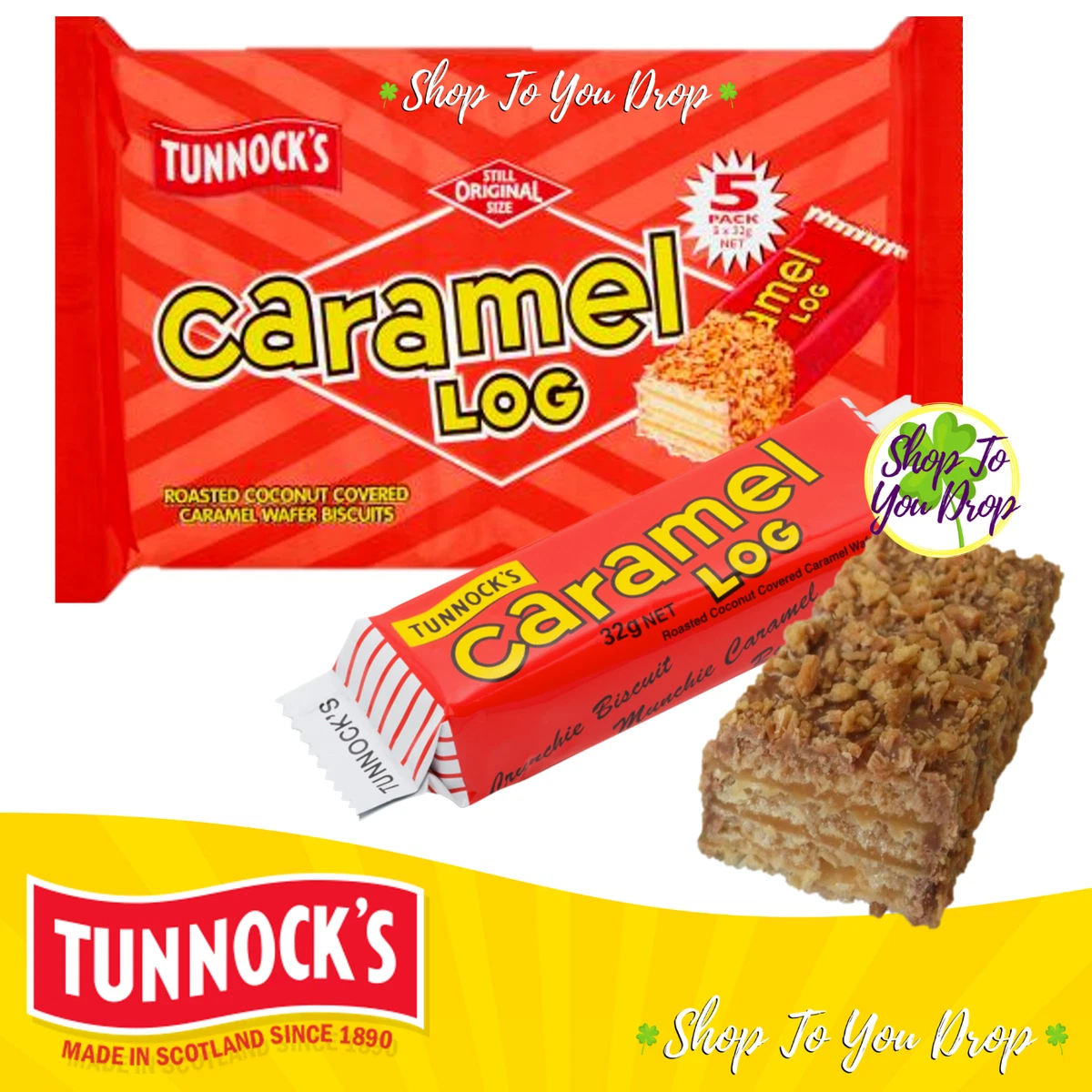 TUNNOCKS CARAMEL LOG Biscuits Milk Chocolate 5 x 32g PACK Wafer Coconut Gift
