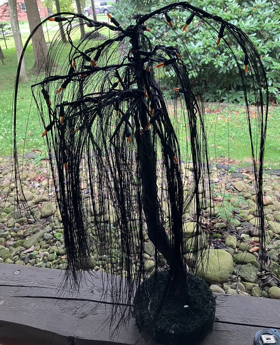 HALLOWEEN WEEPING WILLOW TREE BLACK W ORANGE LIGHTS CEMENT BASE