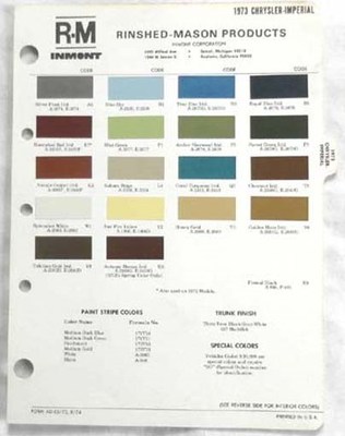 1973 CHRYSLER AND IMPERIAL R-M  COLOR PAINT CHIP CHART ALL MODELS 