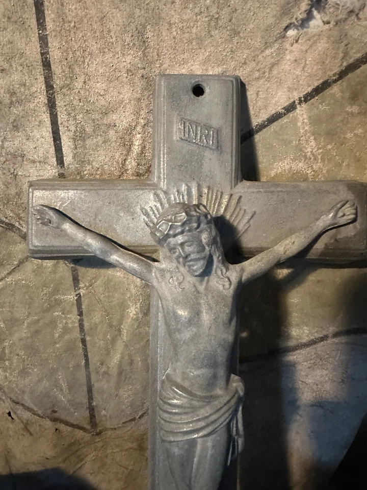 1940s Antique Cross Aluminum Christ Scared Heart Folk Art Country Home Porch - Image 3 of 4