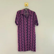 FRNCH Paris Shift Midi Shirtdress Medium Button Purple Pink Short Sleeve Pockets