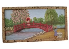 Antique Asian Rustic Oil Painting oF Girls On The River Landscape/Framed /Signed