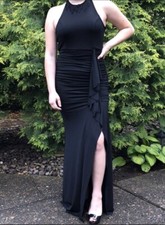 MANIJU Long Black Sleeveless Halter Evening Dress w/ Jewel Trim Neckline Size L