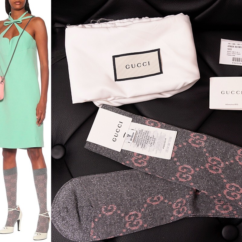 M NEW $290 GUCCI Woman's Gray w/ PINK GG Logo Lame' Cotton Calf