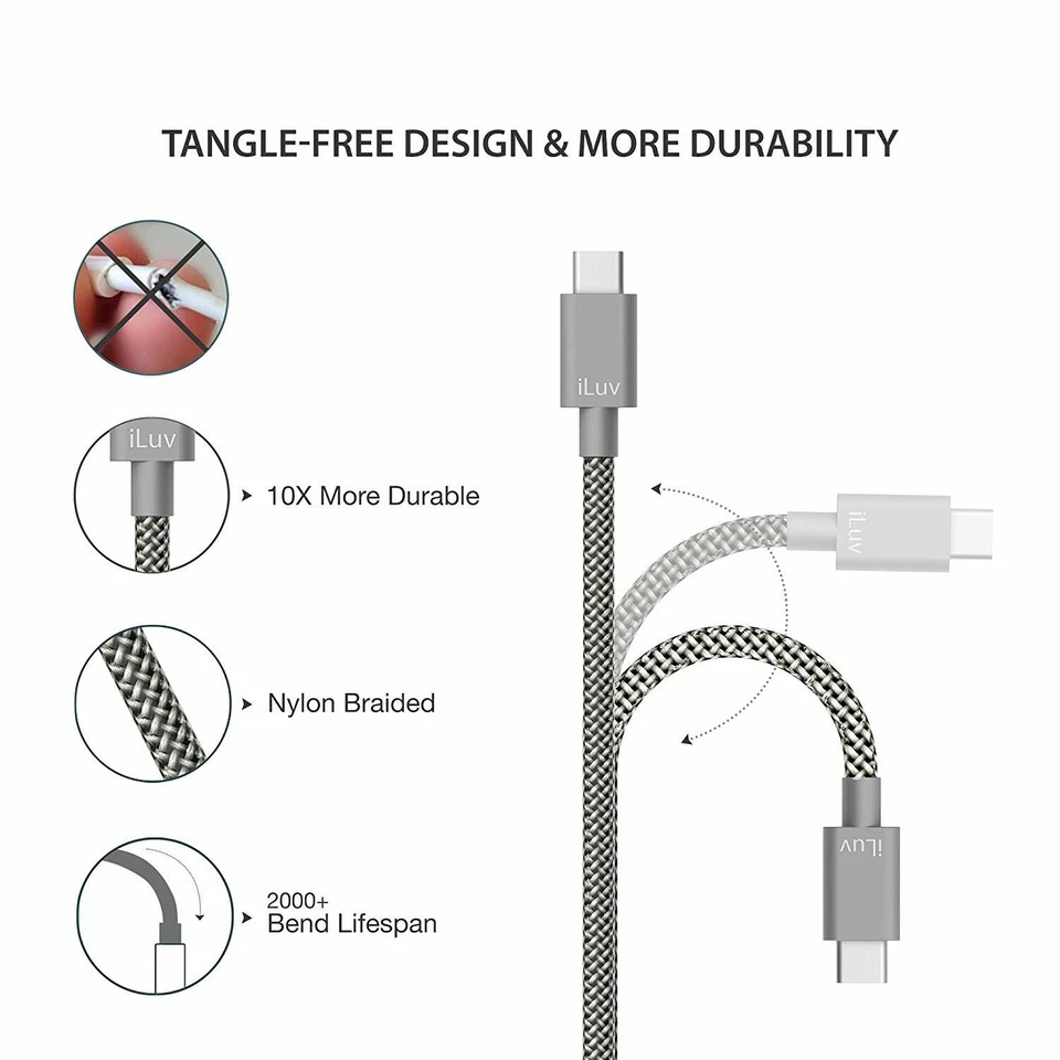 Кабель быстрой зарядки iLuv 6,6 фута тип C, высокая прочность и плетеный, серый - Изображение 3 из 4