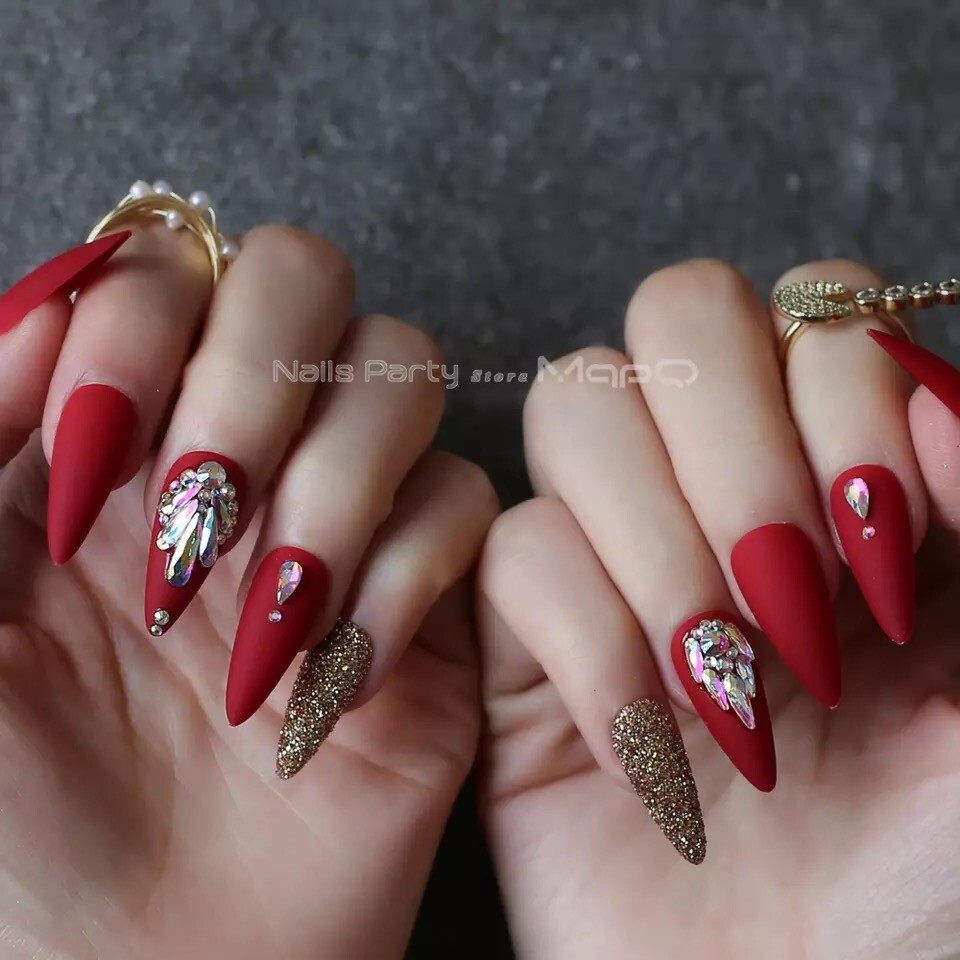 Xmax Red Fake Nails With Ringstone 24pcs Acrylic Full Stilieto False Nails  uk | eBay