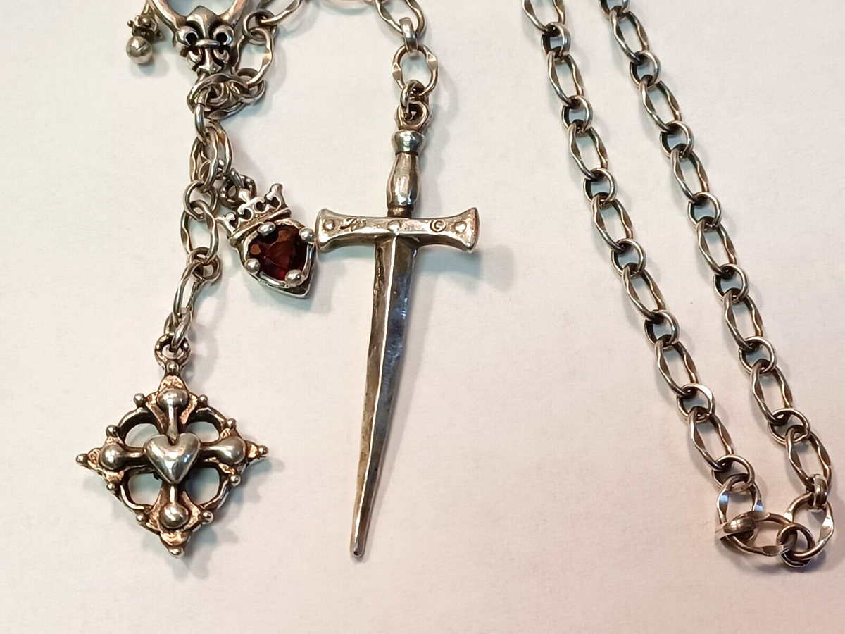ROMAN PAUL Sterling Silver Triple Charm SWORD CROSS CROWN GARNET Goth  Necklace