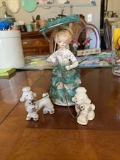 Vintage Lipper & Mann Stiffened Lace Girl Parasol & Poodles Japan Figurine