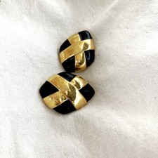 Vintage St John Black Enamel Gold Tone Sculptural Knot Clip On Earrings Signed