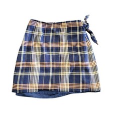 Vintage Telluride Clothing Mini Skirt Woman's Size 12 Blue Plaid Tie Up Side