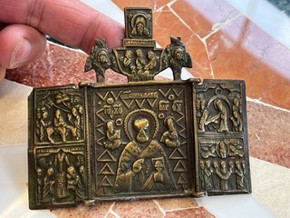Ancient Russian Folding Travel Altar BRONZE St. Santa Claus engraved 17th century with patina
