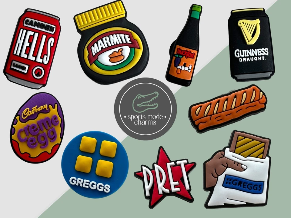 SPORTS MODE CHARMS Greggs - Charms for Shoes Clogs Sandal - Sausages Roll Creme Egg Beer UK Food