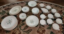 Vtg 51 pc Fine China Set- Blue Flower Brown Gold Stem Leaves Gold Trim USA