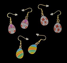 Set Of 3 Handcrafted Easter Egg Shaped Dangle Earrings Bunny, Stripes & Flowers