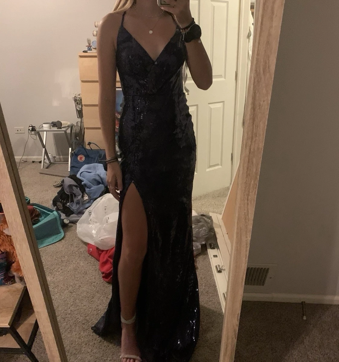 david's bridal navy blue sequin dress Beaded Sequin V-Neck Sheath Dress