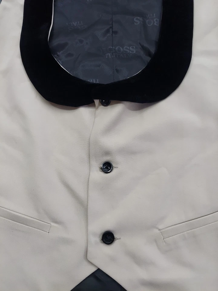 Hugo Boss Tuxedo Vest Mens Small Beige Black Velvet Trim Adjustable Back Logo - Image 3 of 4