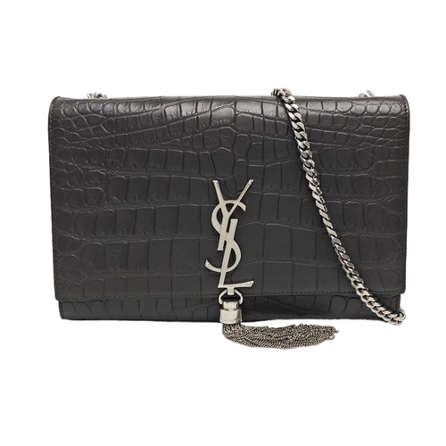 YSL KATE Medium Gray Calfskin Leather Tassel Embossed Chain Flap Shoulder Bag