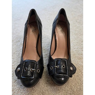 Vince Camuto Leather Buckle Platform Pumps Round Toe Stiletto Heels Womens 7.5
