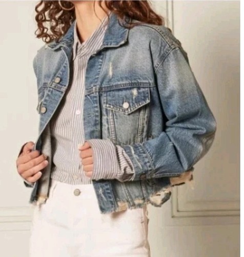 Boyish Harvey Women's Small Cropped Distressed Jean Denim Jacket