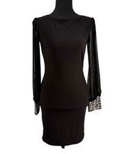 City Triangles Black Sheer Jeweled Sleeve Deep V Back Cocktail Club Dress Sz S