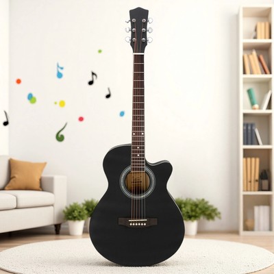 40'' Solid Spruce Top Beginner Acoustic Guitar Set - Cutaway Concert Black