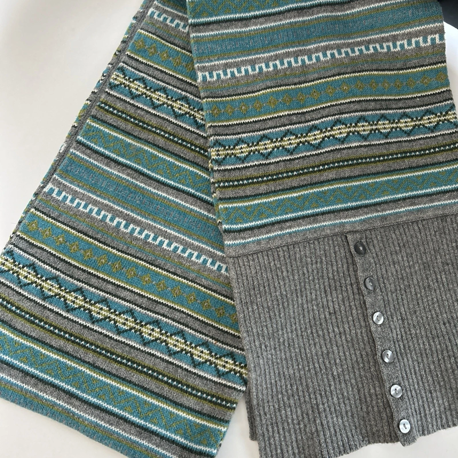 Lands End Wool Scarf Navy Blue Green Nordic 72”x9”