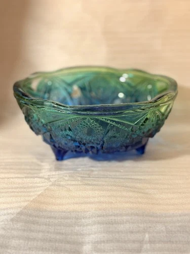 Vintage MCM Jeannette Carnival Glass 7" Green and Blue Flashed Footed Bowl