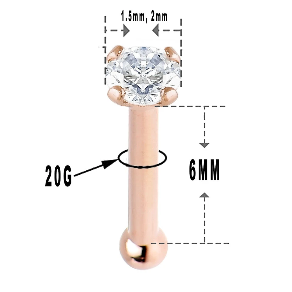 Anillo de hueso de nariz de oro rosa macizo de 14K 20G con conjunto de puntas transparentes circonita cúbica gema piercing de nariz Foto 2 de 4