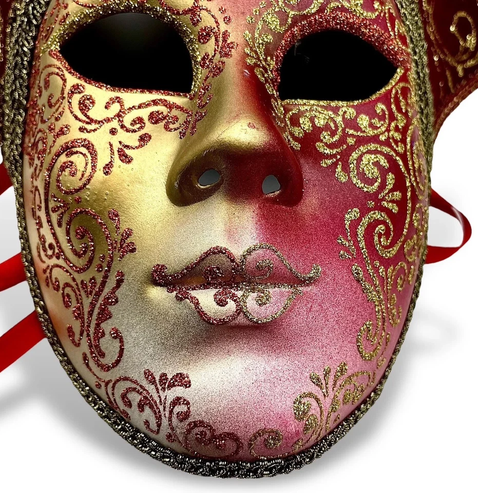 Venetian JESTER MASK LEO Lady Masquerade Mardi Gras Red Gold Lion Italy - Image 4 of 4