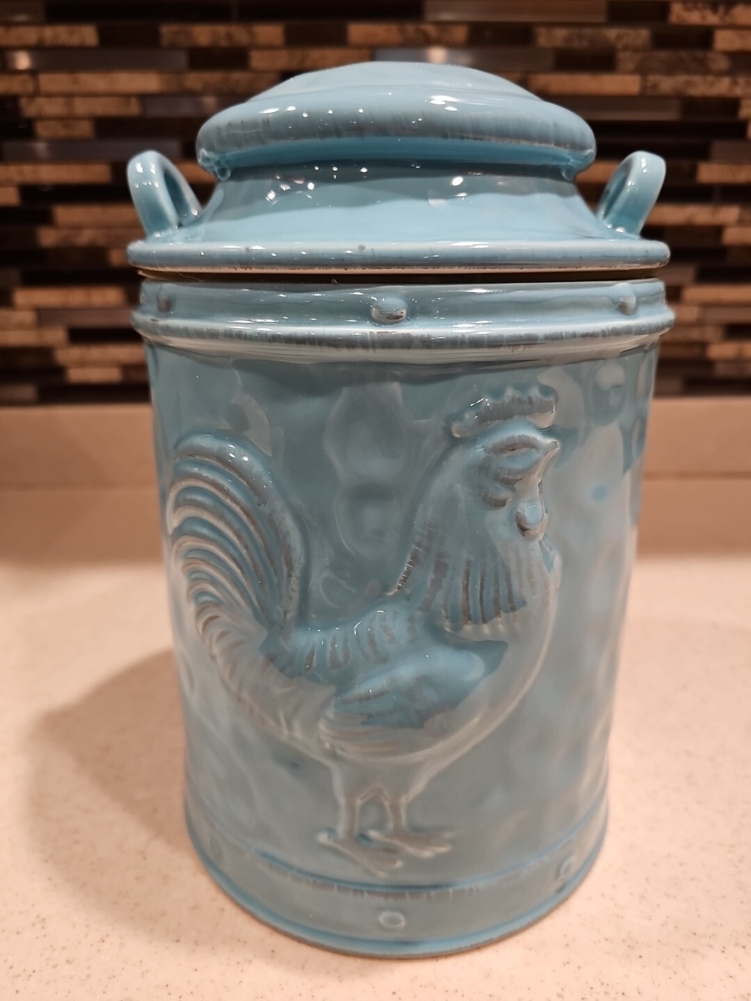Rooster Large 10 Inches Handles  Aqua  Container   Country Farmhouse 