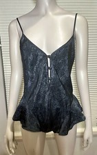 Vintage Black Jacquard Ruffle Thigh Bodysuit Teddy Snap Crotch Size Small