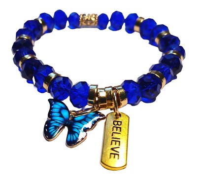 Elegant Multi-Faceted Midnight Blue Beaded Butterfly Charm Bracelet