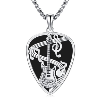 Guitar Pick Necklace 925 Sterling Silver Guitar Pick Pendant Soundwave Guitar...
