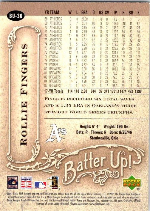 2005 Upper Deck MVP Rollie Fingers #BU-36 Oakland Athletics - Image 2 of 2