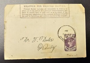 Ceylon Sri Lanka Queen Victoria Used Postal Stationery Newspaper Wrapper 2c