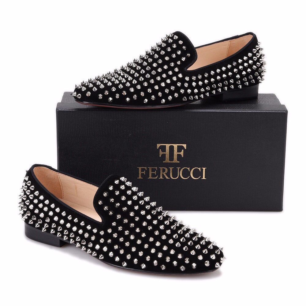 Men FERUCCI Black Velvet Slippers Loafers Flat With Silver  display picture 1