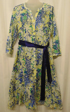 Talbots floral print blue yellow Cotton Voile button down ruffle trim dress size