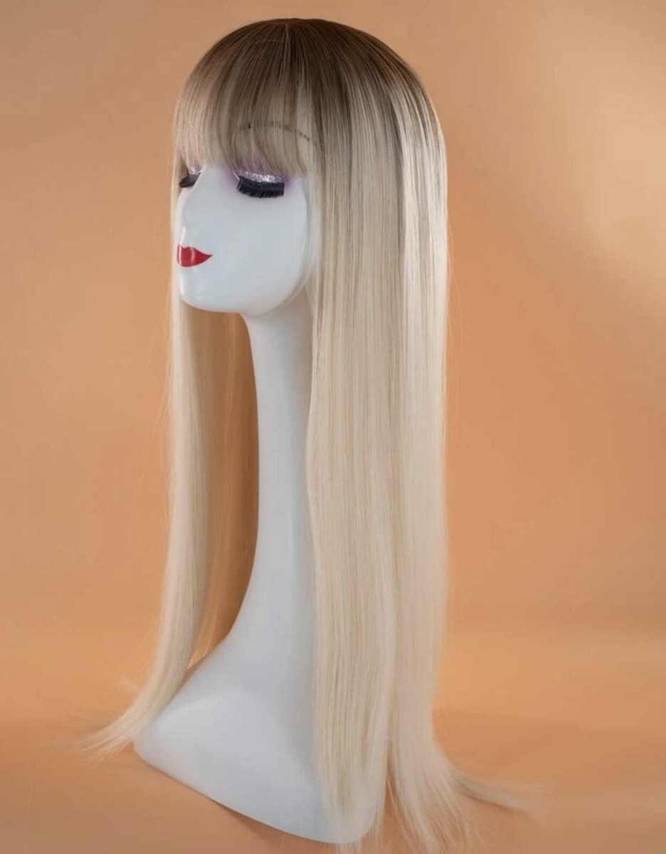 Perruque Synthétique Longue Ondulée Blond Doré Platine Avec Frange - Bonnet Moyen + Bonnet Offert