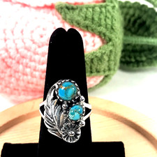 Genuine Blue Turquoise Stone and Sterling Silver Navajo Style-Sz 6.75