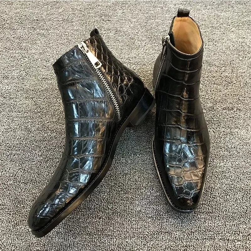 Mens Formal Faux Leather Pointed Toe Shoes Zip Ankle Business Block Heels Boot