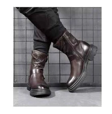 New Brown Leather Formal Handmade High Ankle Hiking Zipper+Monk Boots For Mens