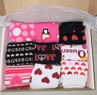 TeeHee Socks Girls Crew Socks Heart Pattern Multicolor Size 6-8 9 Pairs