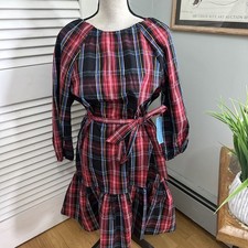 Draper James Dress Womens Medium Red Tartan Plaid Bow Back Belted Preppy Classic