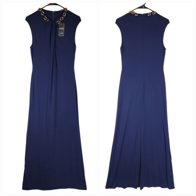 LRL Ralph Lauren Maxi Dress Gown sz 6 Women Navy Blue Jersey Stretch Chain NEW