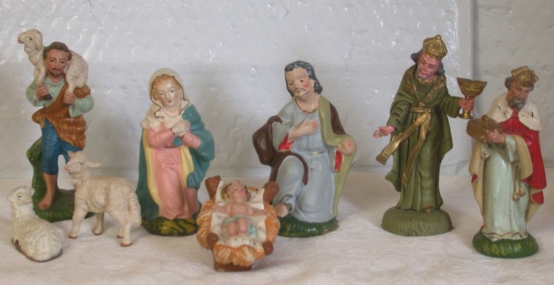 10 Vtg Paper Mache Nativity Figures Hand Painted Italy w Fontanini Cow