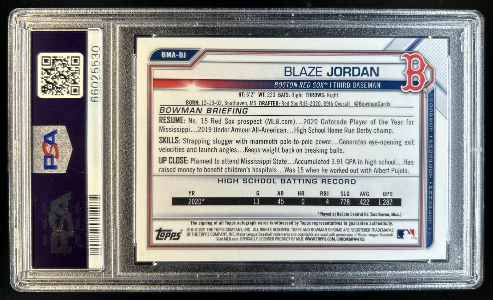 2021 Bowman Blaze Jordan Chrome Auto Mega Box Mojo Refractor Blue #/150 PSA 10 view 2