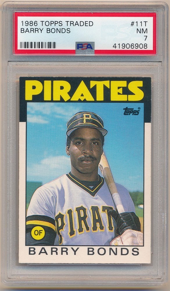 BARRY BONDS 1986 TOPPS TRADED #11T RC ROOKIE CARD PITTSBURGH PIRATES PSA 7 NM view 1